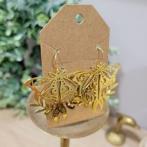 New 18k Gold Plated Celestial Luna Moth Moon Star Laser Cut Brass Earrings Gift